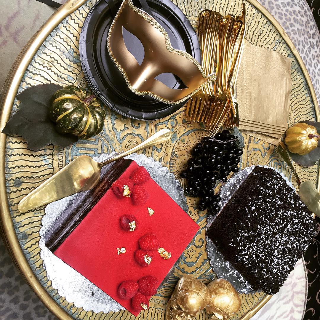 Lunch production of The Golden Spork today. Gold leaf, raspberries and puzzles. …