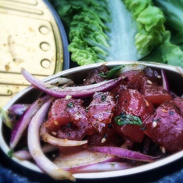 Can o’ Tuna Tartare  green onions, sesame, lime, ginger, toasted nori & lettuce …