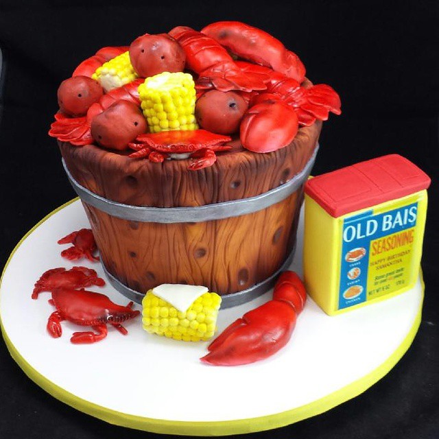 Here is the crab & Lobster Boil Cake up close and personal, Old Bay Can customiz…