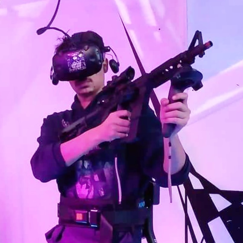 Pro gamer Adam West getting ready for the VR E-sports tournament and practicing …