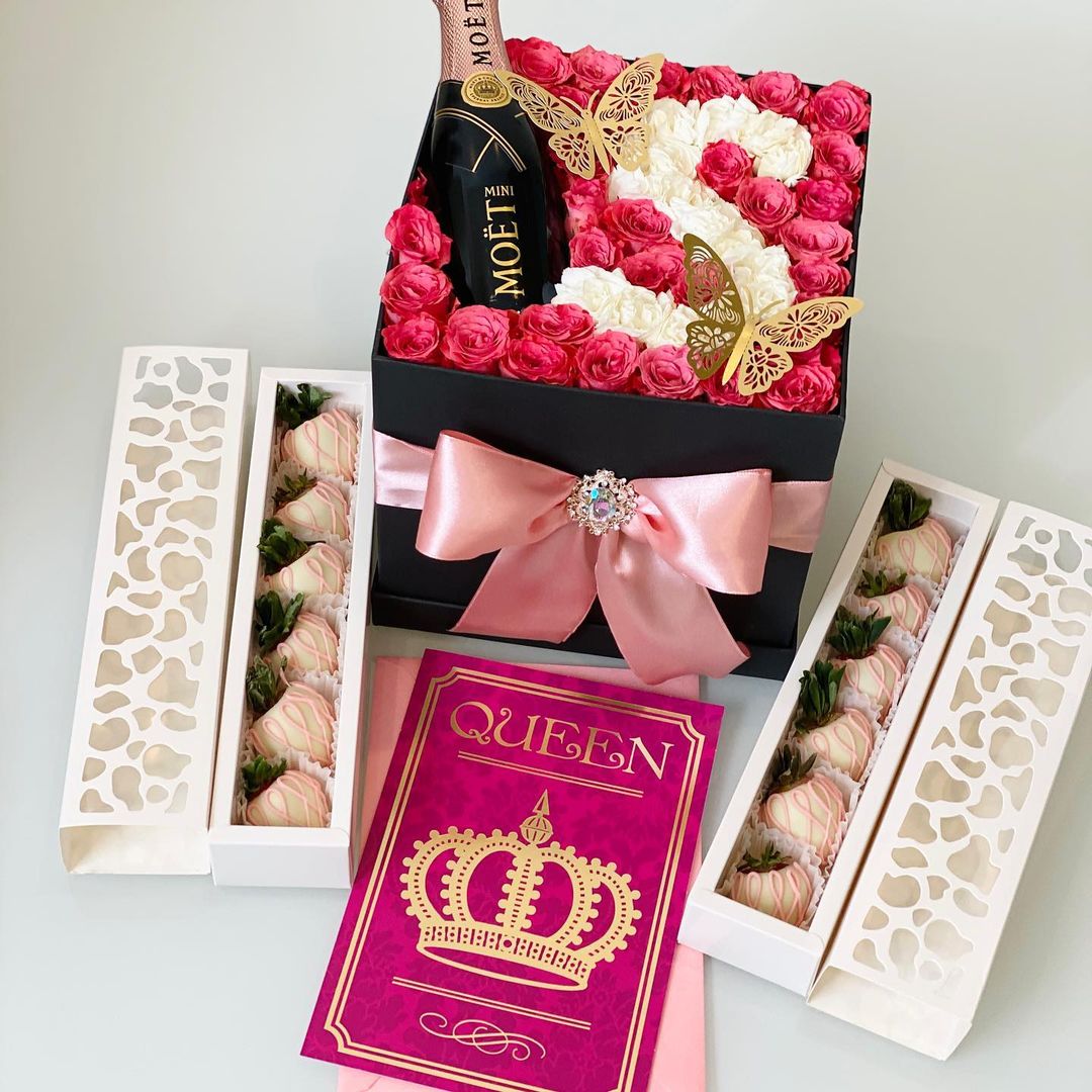 Box with floral letters 
⠀ 
Full set:
Bouquet of fresh flowers and 1 bottle of c…