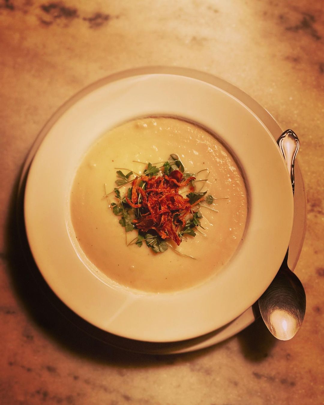 Tonight’s Soup: Sunchoke with Crispy Red Onion….